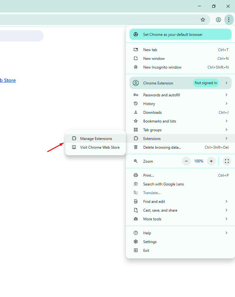 go to manage extension in chrome